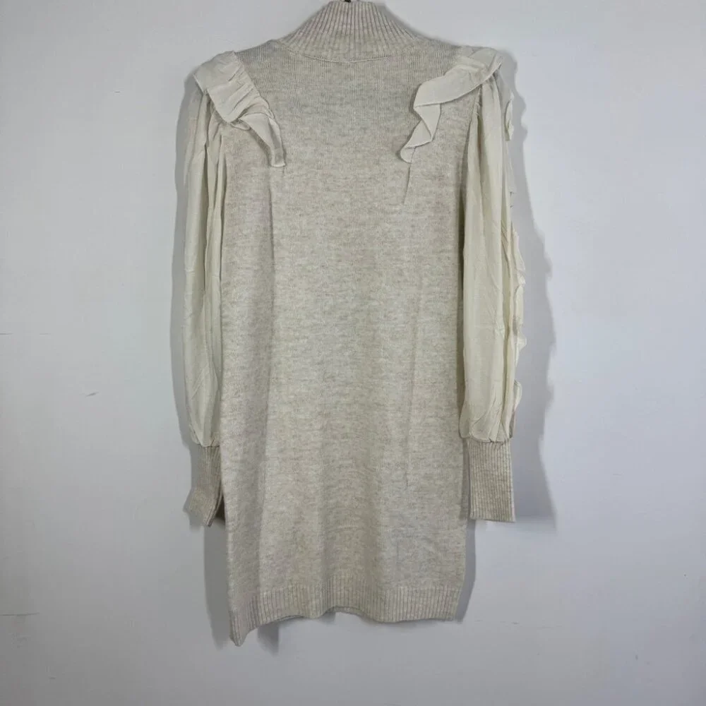 FIGARO Beige Sweater Long Sleeve Ruffle Knit Mini Dress  Quiet Luxury Size 2